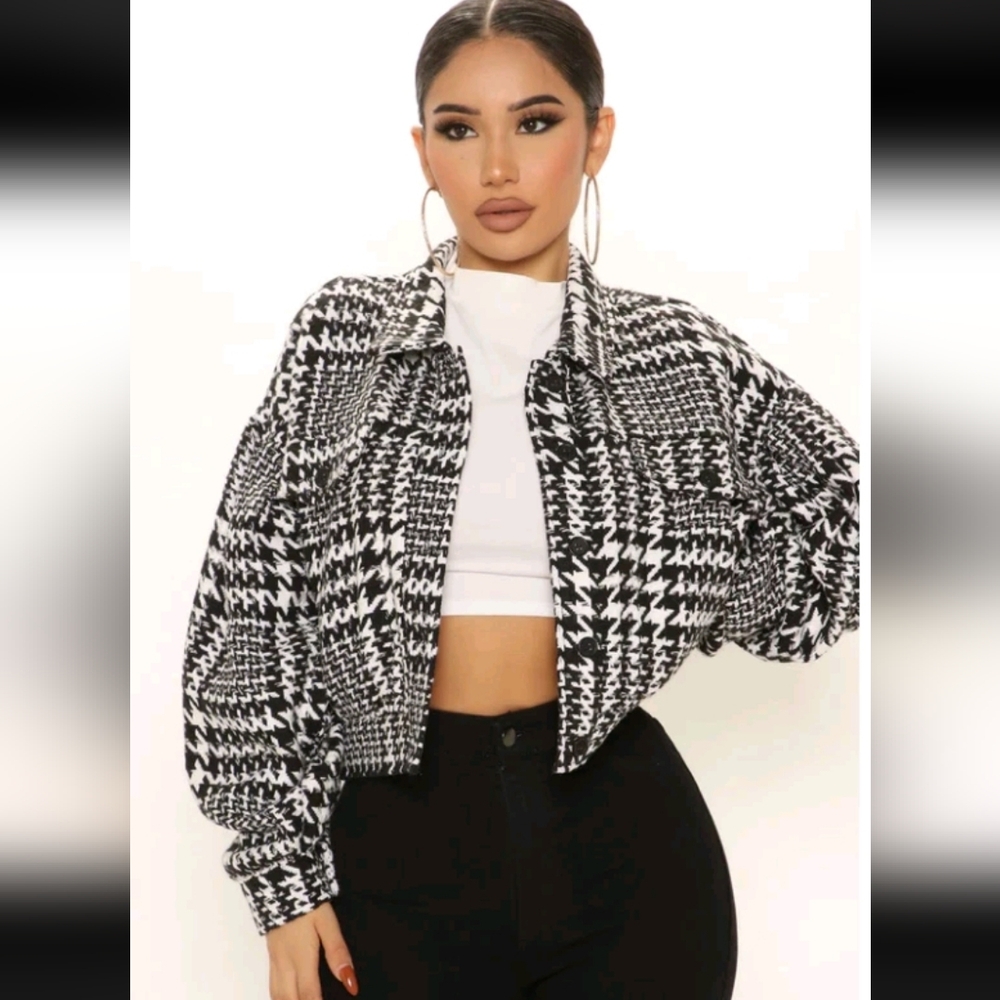 Fashion Nova Black & White Houndstooth Jacket M-EUC-zara-h&m-commense